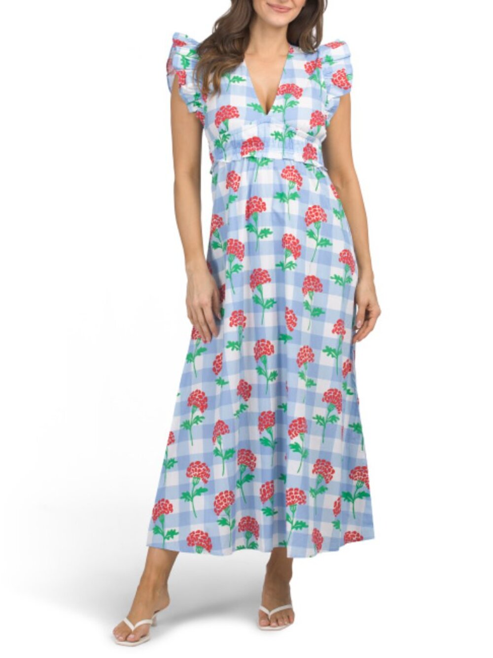 SAIL TO SABLE V-neck Flutter Sleeve Maxi Dress With Gingham Patten And Floral Pr